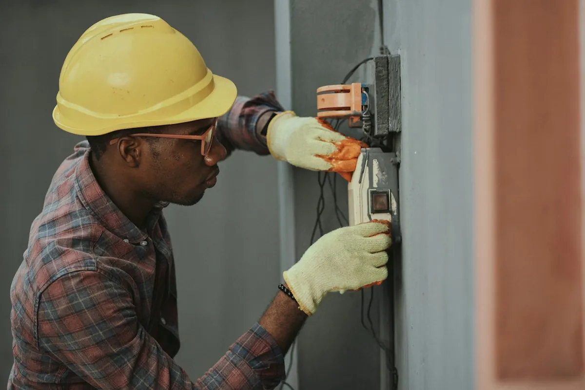 Eletricista com capacete fazendo a instalação de um quadro elétrico